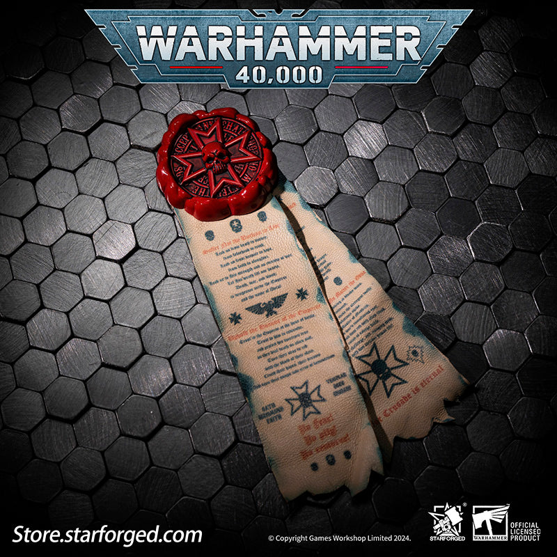 Warhammer 40000 Black Templars Purity Seals Cross badge Starforged
Purity Seals can be used in three ways: as a brooch, as an adhesive patch, and as a Velcro. Now you can enjoy the above functions by purchasing any style
Purity Seal: Black Templars
Purity seals are borne by various Imperial troops, applied to weapons, armor and vehicles.
They usually take form of wax seal and parchment which inscribed with declarations and prayers.
The two parchments attached is inscribed with Vows of the Black Templars
